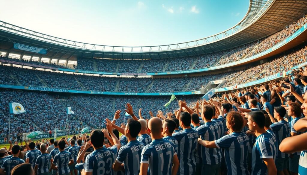 A bustling stadium filled with passionate Corinthians fans, their blue and white jerseys waving in the wind. The iconic Itaquerao arena stands proud, its towering structure a testament to the team's history and legacy. In the foreground, a group of supporters engage in a lively pre-match ritual, their chants and cheers echoing through the stands. The scene is bathed in warm, golden light, capturing the electric atmosphere that surrounds the Corinthians faithful. This image reflects the deep-rooted connection between the club and its dedicated fanbase, the Fiel, whose unwavering support has shaped the team's storied journey through the decades.