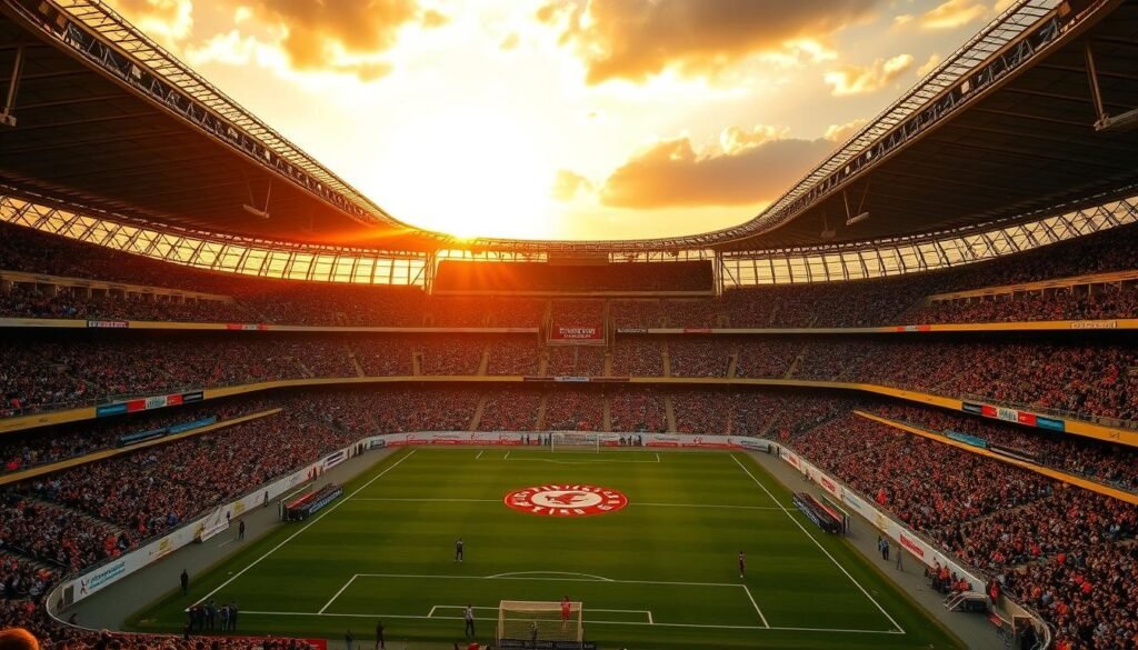 A captivating football stadium under a warm, golden sunset, the historic emblem of Corinthians prominently displayed on the pitch. Fans fill the stands, passionately cheering on their beloved team. The camera captures the stadium's grandeur, showcasing the team's rich heritage and the unwavering dedication of its supporters. Subtle details, such as the players warming up on the field and the iconic Corinthians colors adorning the crowd, immerse the viewer in the club's storied past. This image encapsulates the spirit and tradition that have made Corinthians a beloved institution, setting the stage for the remarkable moments that have defined its history.