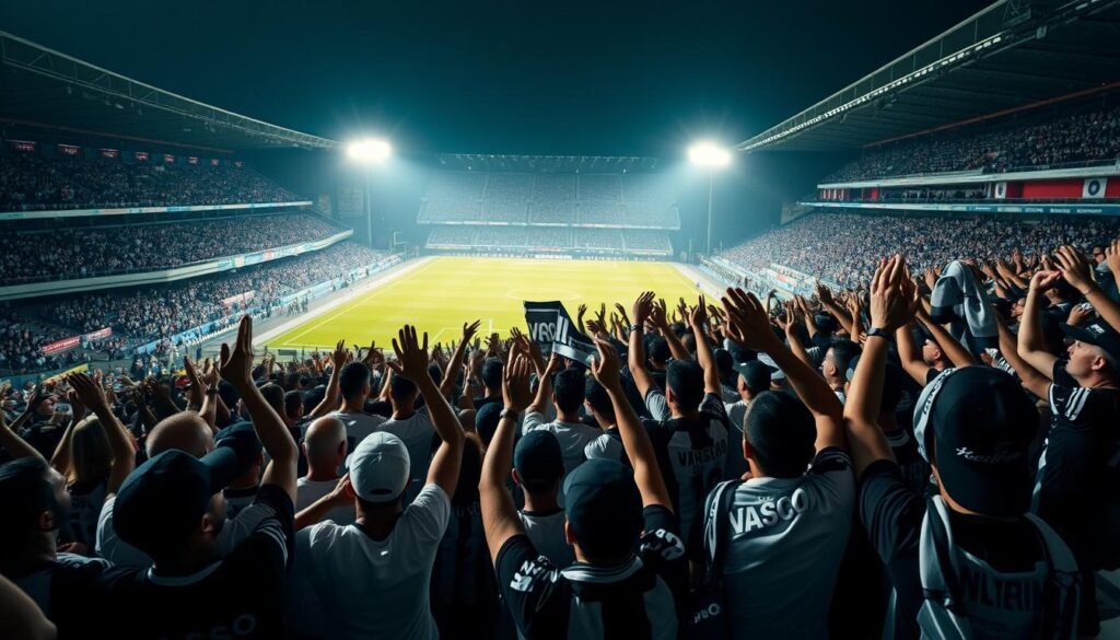 A crowd of passionate Vasco da Gama supporters gathered in the iconic São Januário stadium, their voices united in a vibrant chorus of traditional chants. In the foreground, fans clad in the club's iconic black and white colors sway in unison, their hands raised as they belt out iconic melodies that have echoed through the stands for generations. The middle ground captures the dynamic energy of the crowd, with scarves and flags waving as the chants build to a crescendo. In the background, the stadium's floodlights cast a warm glow, creating an atmosphere of unity, pride, and unwavering support for the beloved Vasco team. The image conveys the deep-rooted traditions and the enduring passion that define the Vasco da Gama fan experience.