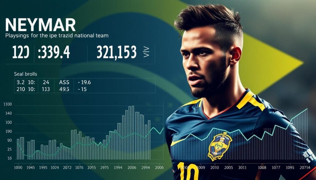 A detailed statistical analysis of Neymar's performances for the Brazilian national team, presented on a sleek and modern infographic. The foreground features a dynamic visualization of key metrics like goals, assists, and shots, presented in clean data visualizations. The middle ground showcases a striking portrait of Neymar in action, captured with a shallow depth of field and dramatic backlighting to convey the intensity of his gameplay. The background subtly incorporates the iconic Brazilian national team colors and patterns, creating a sense of national pride and the weight of the team's legacy. The overall mood is one of analytical rigor balanced with the raw energy and passion of the sport.