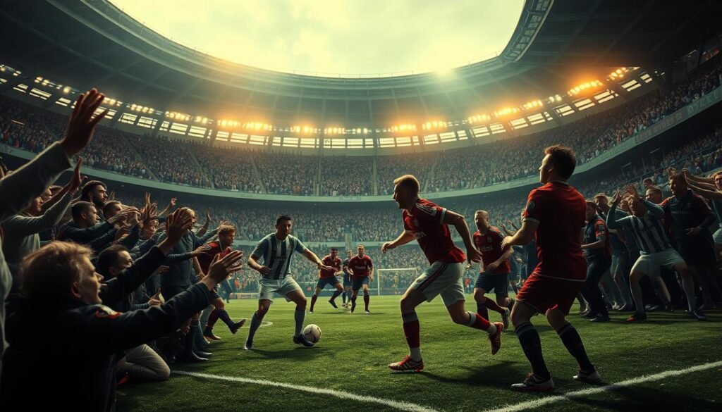 A dramatic and cinematic scene depicting the decisive moments in the history of a renowned football club. The foreground features a group of passionate fans erupting in celebration, their faces filled with intense emotions as they witness a historic goal being scored. In the middle ground, players from the club engage in an intense, high-stakes match, their bodies frozen in mid-action, the tension palpable. The background showcases the club's iconic stadium, its grandstand illuminated by warm, golden light, creating a sense of timeless, legendary atmosphere. The overall composition conveys the gravity and significance of these pivotal moments that have etched the club's name into the annals of football history.
