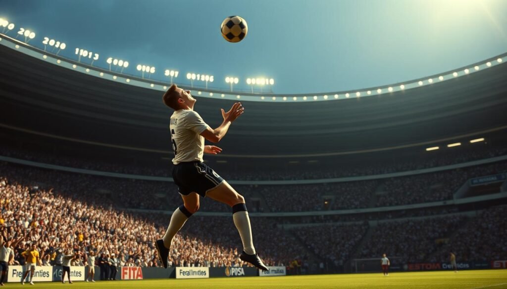 A dramatic, cinematic scene of decisive moments in Real Madrid's storied history. In the foreground, a player leaps to head a ball into the net, their determined expression and powerful form capturing the intensity of the match. Behind them, fans in the stadium stands erupt in celebration, their faces alight with elation. The lighting casts sharp shadows, heightening the drama. In the background, the iconic Bernabéu stadium looms, its grand architecture a testament to Real Madrid's legacy. An atmospheric shot that conveys the gravity and grandeur of the club's most crucial goals.