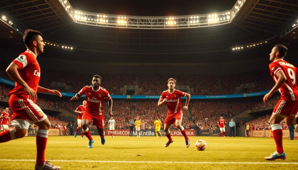 A dramatic, cinematic scene of iconic São Paulo FC matches, captured with a wide-angle cinematic lens. In the foreground, players in the club's iconic red and white uniforms engaged in intense, high-stakes moments on the pitch, their expressions filled with determination and passion. The middle ground reveals the packed stadium, spectators erupting in cheers and excitement, creating an electric atmosphere. In the background, the sleek, modern architecture of the arena frames the action, reinforcing the grandeur and significance of these unforgettable clashes. Warm, golden lighting casts an almost nostalgic glow, evoking the timeless, legendary status of these historic São Paulo FC matches.