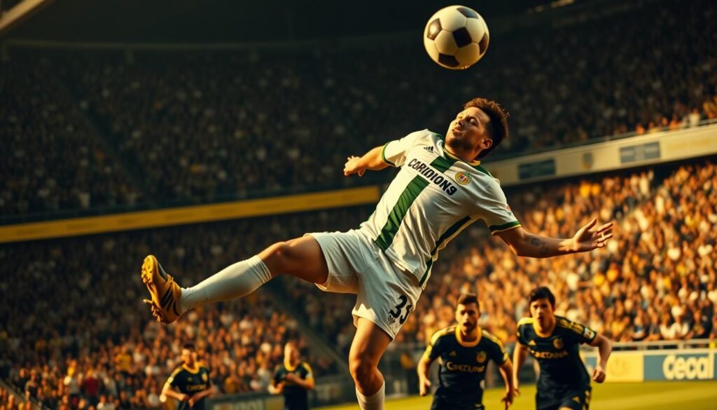 A dramatic overhead shot of decisive Corinthians goals, captured in a dynamic, cinematic style. The foreground features a player leaping to connect with the ball, their jersey proudly displaying the iconic Corinthians logo. The midground showcases the intense expressions of teammates and opponents, frozen in the heat of the moment. The background blurs into a roaring, packed stadium, with the crowd's elation palpable. Warm, golden lighting casts a heroic glow, while a shallow depth of field draws the eye to the pivotal action. An awe-inspiring, unforgettable tableau of Corinthians' storied history.