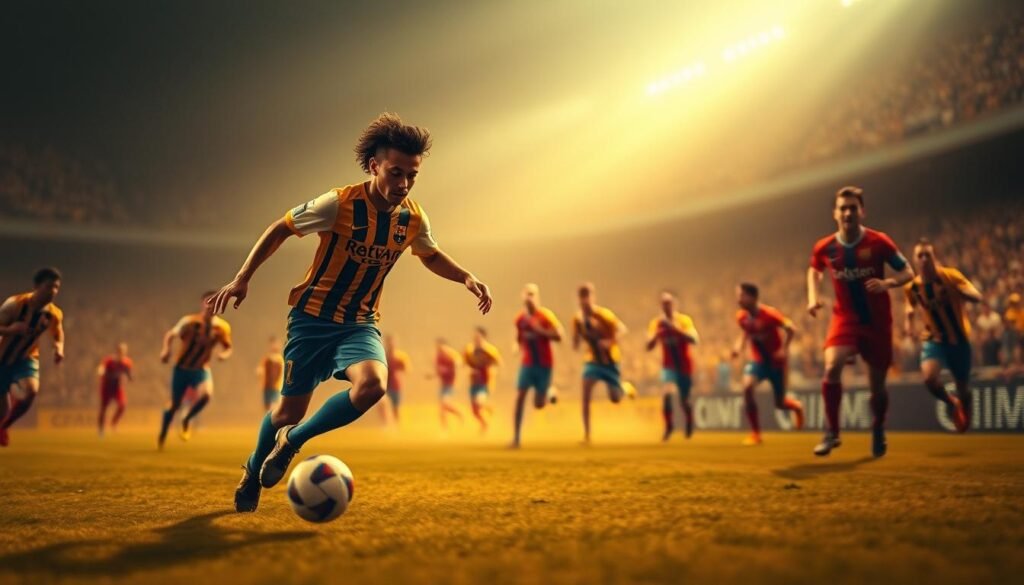 A dramatic portrayal of Neymar's trajectory in football, captured in a cinematic wide-angle shot. The scene depicts the young prodigy dribbling effortlessly through a field of defenders, his footwork and agility on full display. The background is blurred, drawing the viewer's focus to the player's masterful control of the ball. Warm, golden lighting casts a soft glow, evoking a sense of triumph and destiny. The camera angle is slightly elevated, showcasing Neymar's dynamic movement and the boundless potential of his career. An air of anticipation and excitement permeates the image, hinting at the extraordinary achievements that lie ahead.