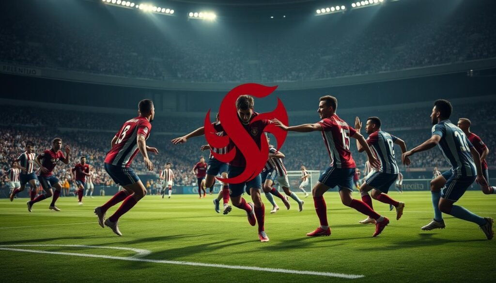 A dynamic clash of football rivalry, with the iconic Flamengo crest prominently displayed in the foreground. In the middle ground, fierce players from opposing teams engage in an intense match, their jerseys bearing the colors and emblems of Flamengo's fiercest adversaries. The background depicts a packed stadium, the roar of the crowd and the energy of the game palpable. Dramatic lighting casts dramatic shadows, heightening the sense of drama and competition. Captured with a cinematic lens, this image conveys the historic and passionate nature of Flamengo's most influential rivalries in Brazilian football.