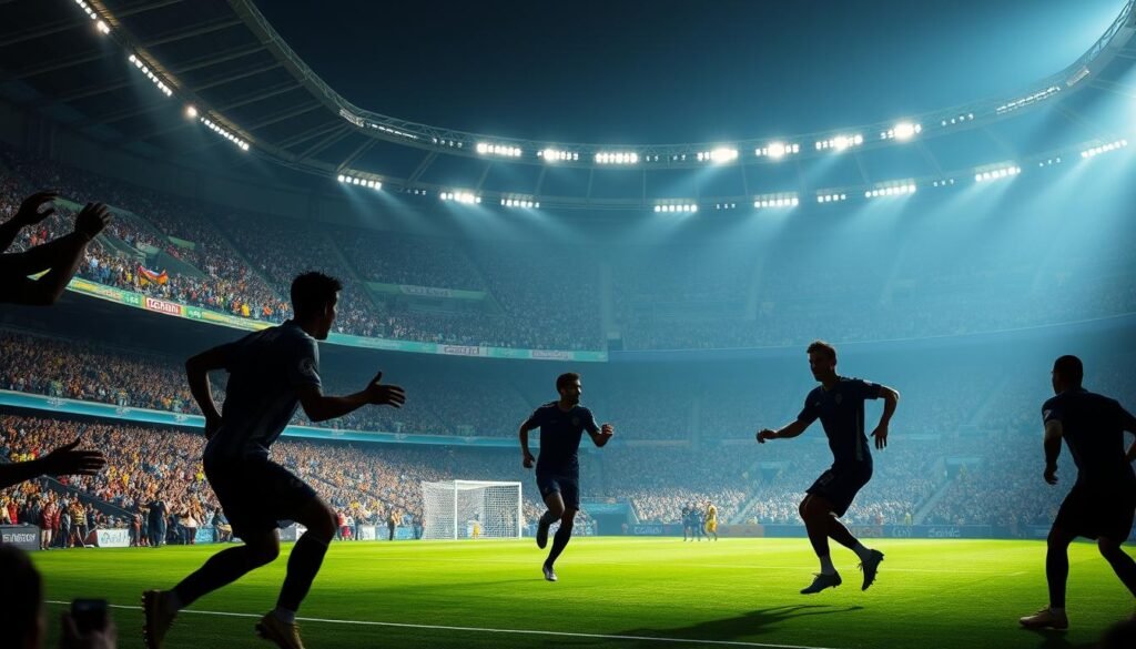 A dynamic football stadium filled with passionate fans, the stands adorned with the vibrant colors and emblems of Corinthians and their fiercest rivals. In the foreground, larger-than-life player silhouettes engage in an intense match, their movements frozen in time. The middle ground features iconic stadiums, trophies, and symbols representing the storied histories of these legendary clubs. The background depicts a timeline of iconic moments, showcasing the triumphs and rivalries that have shaped the narrative of Brazilian football over the decades. Dramatic lighting casts dramatic shadows, conveying the high-stakes drama and unwavering devotion of these storied clubs and their devoted supporters.