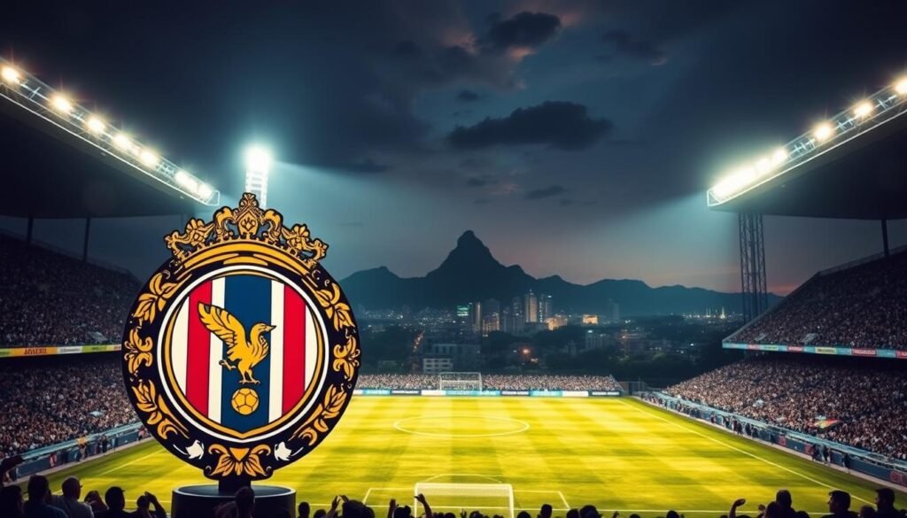 A grand and imposing soccer stadium, its towering floodlights casting a warm glow over the pitch below. In the foreground, a meticulously detailed Vasco da Gama crest stands proudly, its intricate design and vibrant colors capturing the club's rich history and unwavering spirit. The middle ground features the silhouettes of cheering fans, their enthusiasm and devotion palpable, as they celebrate the team's historic triumphs. In the background, a panoramic view of the city skyline, with the iconic Sugarloaf Mountain in the distance, serves as a testament to the club's enduring legacy and its deep-rooted connection to the local community. The overall atmosphere is one of reverence, pride, and the unwavering importance of the club's impressive collection of titles.