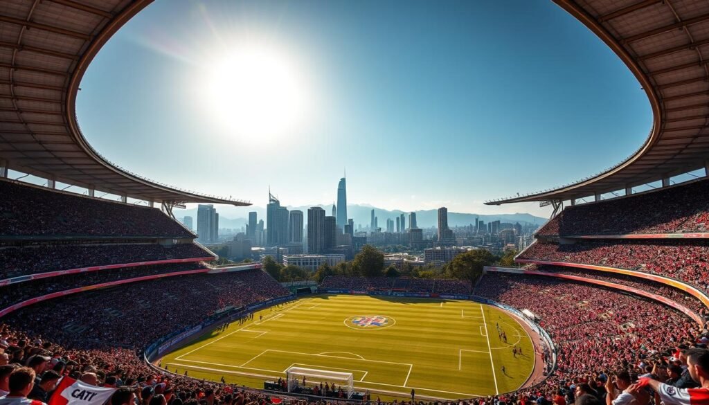 A grand football stadium, the iconic Morumbi, stands tall against a backdrop of the São Paulo skyline. The pitch is immaculately manicured, ready to host the legendary São Paulo FC as they take the field. Fans, dressed in the club's signature red and white, fill the stands, their excitement palpable. The stadium's architecture, a blend of modern and traditional elements, reflects the rich history of this storied club. Overhead, the sun casts a warm glow, illuminating the scene and evoking a sense of nostalgia and pride. This is the historical context that has shaped the triumphs and traditions of São Paulo FC, the backbone of the city's football legacy.