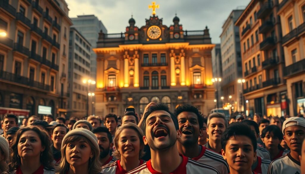 A grand, historic moment captured in a richly detailed scene: the founding of Corinthians Football Club. In the foreground, a group of passionate fans and founding members gather, their faces alight with determination and pride. The middle ground showcases a stately, turn-of-the-century building, its ornate façade a testament to the club's aspirations. Behind, a lively city street bustles with activity, hinting at the vibrant community that would embrace this new sporting institution. The lighting is warm and golden, evoking a sense of celebration and optimism. The composition is balanced, drawing the viewer's eye to the central event while maintaining a sense of context and setting. This is a moment of vision, camaraderie, and the birth of a beloved institution that would captivate generations to come.