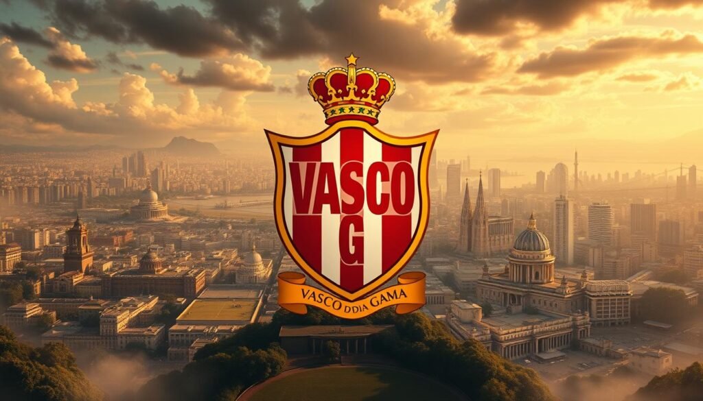 A grand, majestic illustration showcasing the origins and legacy of the legendary Vasco da Gama football club. In the foreground, a vibrant, detailed depiction of the club's iconic crest, its colors and symbols emblazoned with pride. In the middle ground, a sweeping panorama of the club's early years, its founding members and pioneers, captured in a warm, sepia-toned palette that evokes a sense of historical significance. In the background, a sprawling cityscape of Rio de Janeiro, the club's birthplace, its iconic landmarks and architecture providing a fitting backdrop to this visual narrative of the Vasco da Gama story. Lighting is soft and atmospheric, with a touch of cinematic drama, drawing the viewer's eye through the layers of this impactful, visually compelling image.