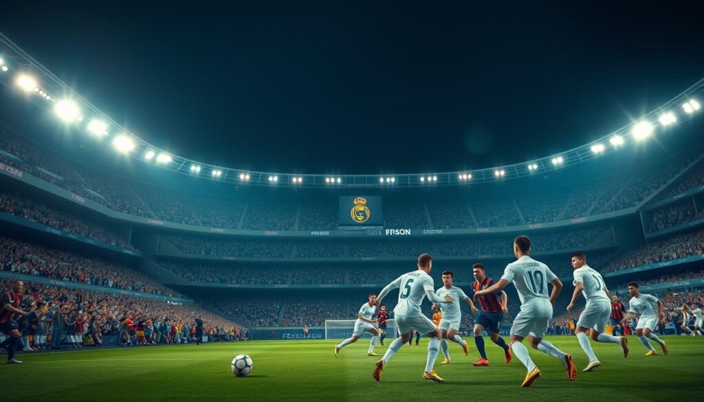 A grand, majestic stadium backdrop, its towering floodlights casting a warm glow over the pitch. In the foreground, a dynamic, action-packed scene unfolds - players in crisp white and navy uniforms locked in an intense Champions League match, the crowd in the stands erupting in roars of excitement. The lighting is cinematic, with dramatic shadows and highlights accentuating the players' movements. The composition captures the historic significance of this moment, conveying the passion, determination, and iconic status of Real Madrid's legendary run in Europe's premier club competition.