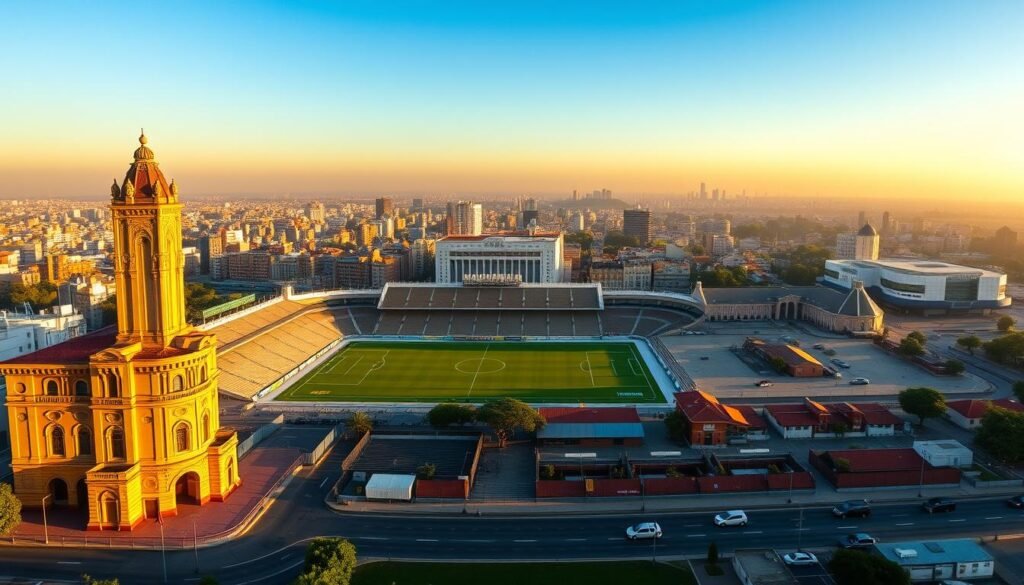 A grand, panoramic view of Vasco da Gama's historic stadium grounds, showcasing their distinctive architectural styles and emblematic significance. The foreground features the iconic Sao Januario stadium, its towering concrete stands and ornate facade bathed in warm, golden light. In the middle ground, other renowned venues such as the Maracana and São Cristóvão stadiums rise up, their unique designs reflecting the changing eras of Brazilian football. The background fades into a hazy, atmospheric cityscape, hinting at the vibrant urban landscape that has witnessed Vasco's remarkable journey across these hallowed grounds. The scene conveys a sense of reverence and nostalgia, celebrating the rich tapestry of Vasco da Gama's storied history through the lens of its cherished, landmark stadiums.