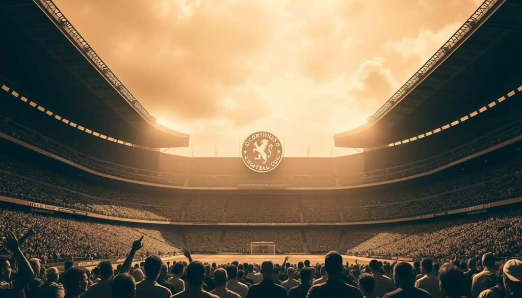 A grand, sprawling stadium stands tall, its imposing facade adorned with the iconic crest of the Corinthians football club. The scene unfolds in a sepia-toned palette, evoking the historic atmosphere of the club's illustrious past. In the foreground, passionate fans gather, their faces etched with the fervor of the game, while the stadium's towering grandstands loom in the background, a testament to the club's enduring legacy. Dramatic lighting casts dynamic shadows, adding depth and drama to the composition. The overall mood is one of reverence and nostalgia, as if capturing a pivotal moment in the rich tapestry of the Corinthians' storied history.