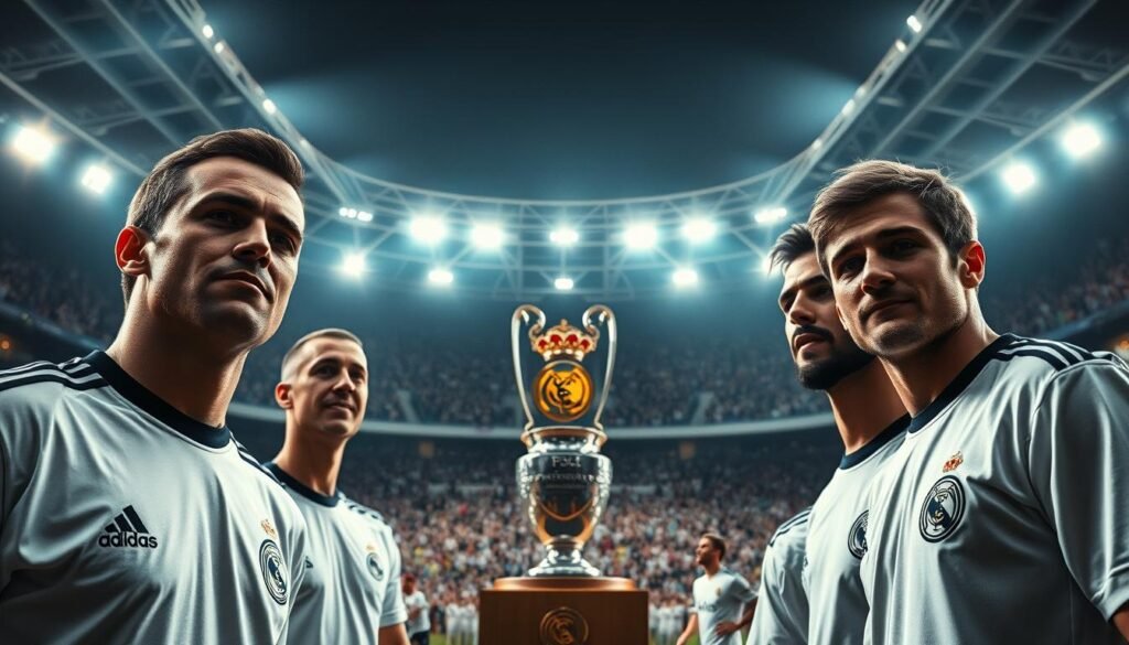 A grand stadium illuminated by dramatic lighting, capturing the historic and iconic moments of Real Madrid's Champions League triumphs. In the foreground, larger-than-life players in white uniforms stand tall, their faces etched with determination and pride. The middle ground showcases the trophy itself, gleaming under the spotlights, a symbol of Madrid's unparalleled dominance in European football. The background blurs into a sea of cheering fans, their jubilant expressions mirroring the team's victorious spirit. The scene is infused with a sense of grandeur, power, and the unwavering legacy of one of the world's greatest football clubs.