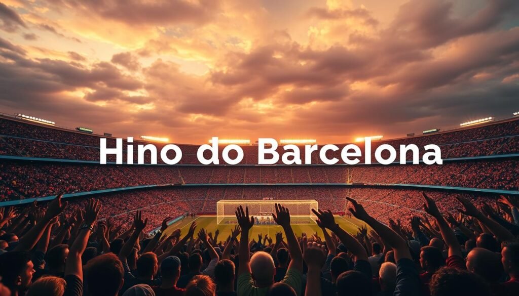 A grand, sweeping image of the iconic "Hino do Barcelona" anthem, its energetic lyrics etched across a vibrant, richly-textured background. The foreground showcases a spirited crowd of Barcelona fans, their arms raised in unison, singing passionately and creating a sense of unwavering dedication and unity. The middle ground features the iconic Camp Nou stadium, its majestic architecture and floodlights casting a warm, golden glow over the scene. In the background, a dramatic sky filled with swirling clouds adds a sense of grandeur and emotion, perfectly capturing the essence of Barcelona's enduring football tradition and the deep-rooted passion of its devoted supporters.