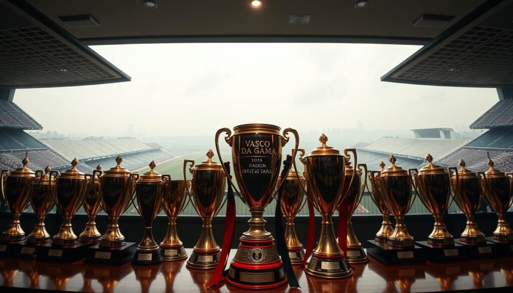 A grand, sweeping panorama of Vasco da Gama's historic trophy cabinet, capturing the club's storied legacy. In the foreground, a richly detailed, high-resolution display of the club's most cherished trophies, their polished surfaces gleaming under dramatic studio lighting. The middle ground features a stylized, architectural backdrop, evoking the grandeur of the club's iconic stadium. In the distance, a hazy, atmospheric skyline suggests the passage of time and the club's enduring presence. The overall composition conveys a sense of reverence, achievement, and the pride that comes from Vasco da Gama's unparalleled success.