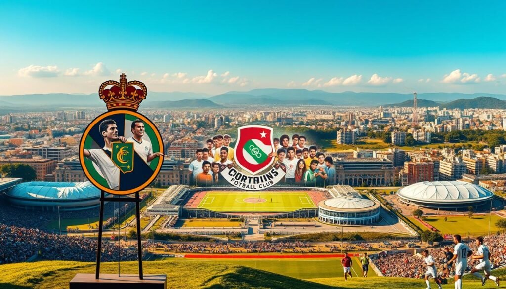 A grand, sweeping vista of the legendary Corinthians Football Club's history, captured in vibrant detail. In the foreground, the iconic club crest stands proudly, its bold colors and timeless design a symbol of the team's enduring legacy. The middle ground features a dynamic collage of iconic players, their action-packed poses frozen in time, showcasing the club's rich tapestry of talent and success over the decades. In the background, a stunning panoramic view of the team's historic stadiums and memorable matches, bathed in warm, golden light that evokes the club's passionate fan base and the pride they feel for their beloved Timão. The scene conveys the timeless spirit and enduring passion that have defined the Corinthians' journey, inspiring generations of devoted fans.