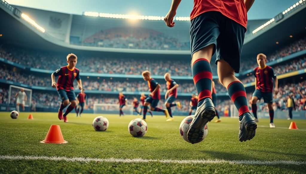 A group of young soccer players showcasing their impressive technical skills on a professional-looking stadium field. The foreground features close-up shots of their feet expertly dribbling the ball, weaving through cones and performing intricate ball control maneuvers. The middle ground shows the players in action, passing, shooting, and displaying their agility and coordination. The background depicts the grand stadium architecture, filled with enthusiastic spectators, creating an atmosphere of excitement and anticipation. Soft, warm lighting illuminates the scene, casting dramatic shadows and highlights on the players' movements. The composition emphasizes the technical mastery and potential of these promising Barcelona talents, capturing the essence of their promising future in the sport.