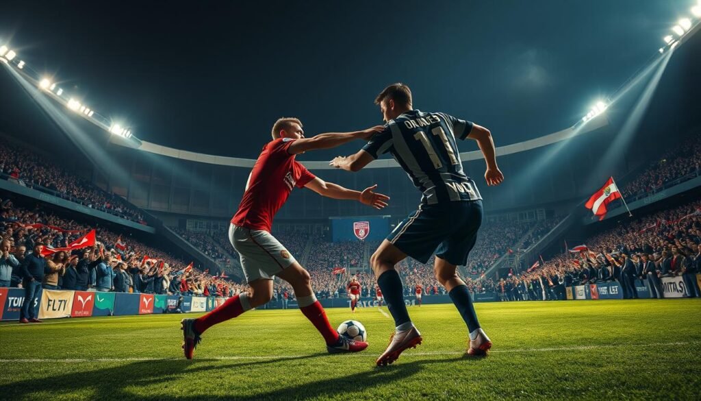 A heated football rivalry unfolds on a pitch bathed in dramatic lighting. In the foreground, two players locked in an intense physical confrontation, their faces etched with fierce determination. The middle ground captures the frenzied energy of the fans, their flags and scarves waving passionately. In the background, the grand stadium stands tall, its architecture casting dramatic shadows that add to the sense of high-stakes competition. The overall atmosphere is one of fierce rivalry, where the thrill of the game is matched by the deep-rooted passion of the supporters.