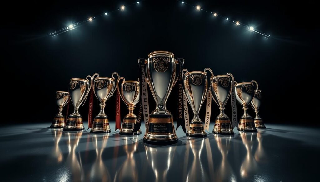 A high-contrast, wide-angle photograph of the championship trophies and accolades of the Corinthians football club, arranged on a sleek, reflective surface against a dark, moody background. The trophies are illuminated from the side, casting dramatic shadows and highlighting the intricate detailing and metallic finishes. The lighting creates a sense of grandeur and prestige, emphasizing the club's remarkable history of success. The overall composition conveys a sense of power, legacy, and the unwavering spirit of the Corinthians supporters.
