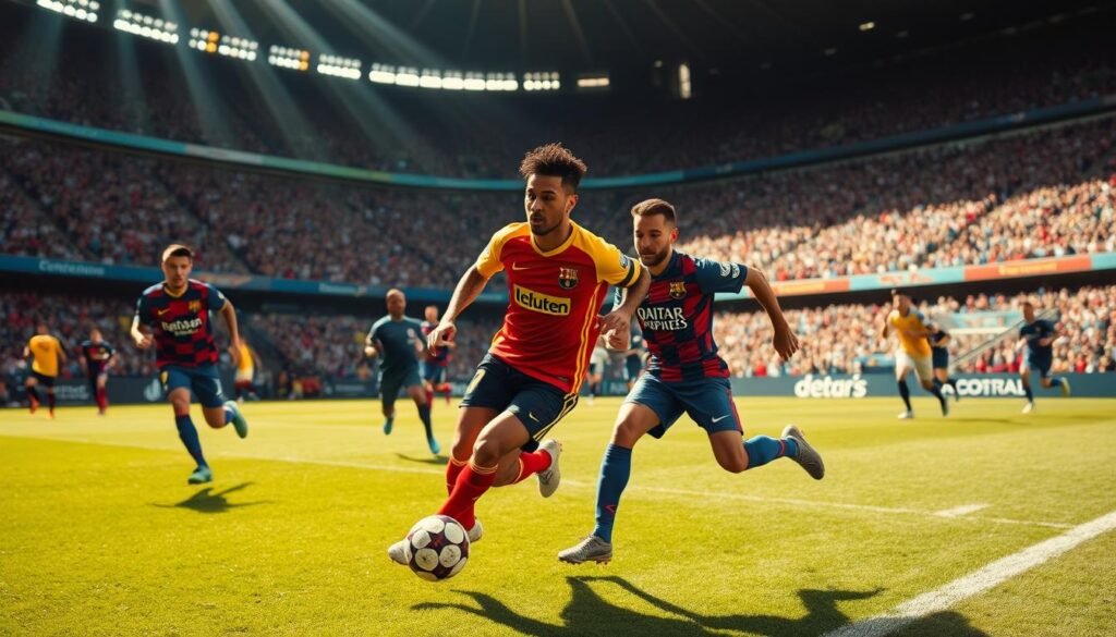 A high-energy soccer match at Parc des Princes, Paris, as Neymar Jr. powers through the defense, his skillful dribbling and lightning-fast footwork on full display. The stadium is electric with the roar of the crowd, the vibrant green pitch a canvas for Neymar's artistry. Sunlight streams in, casting dramatic shadows and highlights across the players, the scene bathed in a warm, golden glow. The camera angle is dynamic, capturing the intensity and drama of the moment, with Neymar surging forward, eyes focused, determination etched on his face.