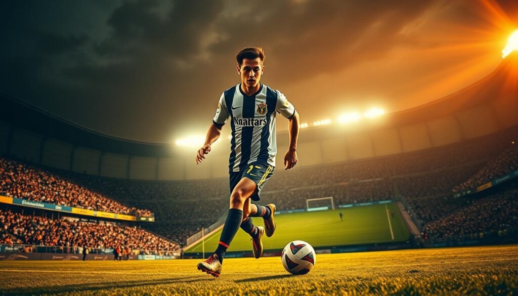 A high-resolution photograph of Neymar's illustrious career at Santos FC, captured with a cinematic wide-angle lens. In the foreground, Neymar, adorned in his iconic Santos jersey, dribbles the ball effortlessly, his skill and agility on full display. The middle ground showcases the Santos stadium, packed with passionate fans cheering him on. The background features the cityscape of Santos, bathed in the warm, golden glow of the setting sun, creating a sense of nostalgia and triumph. The lighting is dramatic, casting dramatic shadows and highlights that accentuate Neymar's athletic prowess. The overall composition conveys the grandeur and significance of Neymar's formative years at Santos, a pivotal chapter in his storied career.