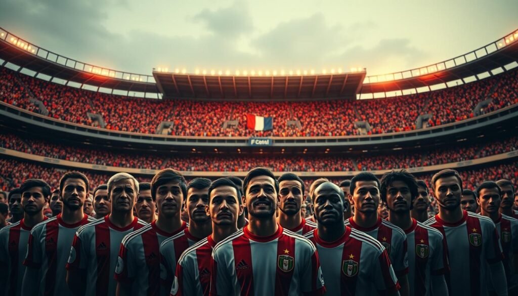 A historic analysis of São Paulo FC, showcasing its rich legacy and iconic moments. A majestic stadium stands tall, its grandeur capturing the passion and devotion of the club's loyal fans. In the foreground, players from different eras congregate, their faces etched with determination and pride, representing the evolution of the team. Soft, warm lighting illuminates the scene, evoking a sense of nostalgia and reverence for the club's illustrious past. The composition emphasizes the symbiotic relationship between the team, the stadium, and the devoted supporters, embodying the essence of the club's enduring spirit.