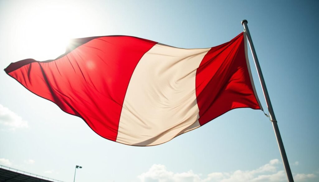 A historic tri-color flag gently fluttering in the breeze, its vibrant hues of red, white, and blue symbolic of the rich heritage and storied legacy of the São Paulo Football Club. The flag stands tall, a testament to the club's unwavering spirit and the passion of its devoted fans. The image is captured with a cinematic wide-angle lens, emphasizing the majestic presence of the flag against a sun-dappled, atmospheric backdrop, evoking a sense of timeless tradition and the enduring pride that surrounds this legendary football institution.