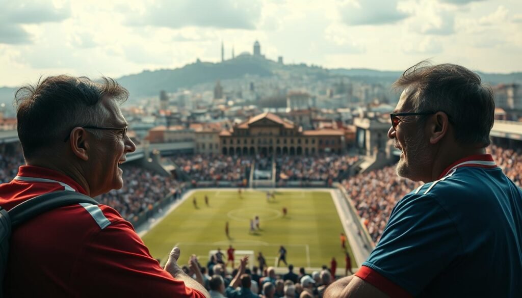 A historical soccer rivalries scene, captured with a cinematic lens. In the foreground, two passionate fans, clad in opposing team jerseys, engaged in a heated debate, their faces etched with intensity. The middle ground features a lively soccer match, players darting across the field, the crowd erupting in cheers and chants. In the background, the cityscape rises, a tapestry of architecture and history, serving as a testament to the enduring legacy of these fierce rivalries. Dramatic lighting casts dynamic shadows, heightening the sense of drama and emotion. The overall atmosphere conveys the deep-rooted passions and traditions that define the sport's most iconic rivalries.