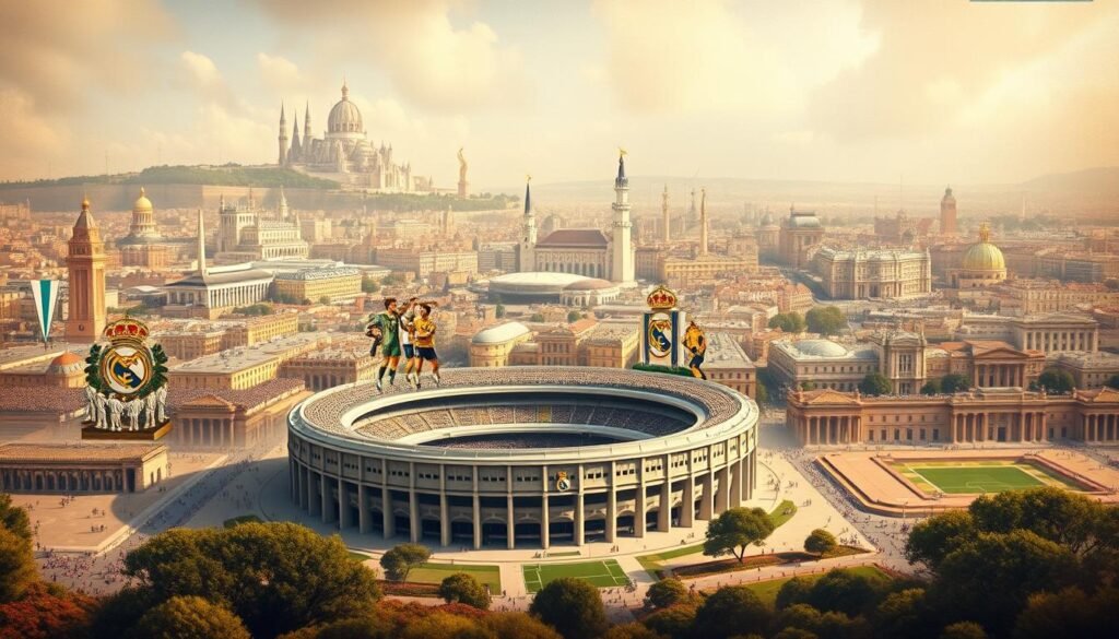A historical timeline illustrating the evolution of Real Madrid's legacy, captured in a sweeping landscape painting. In the foreground, the iconic Santiago Bernabéu stadium stands tall, its regal architecture a testament to the club's enduring presence. The middle ground features a montage of key moments - trophies being hoisted, legendary players in action, and passionate fans celebrating victories. The background is a blurred tapestry of the city of Madrid, its landmarks and skyline serving as the canvas for this storied club's rise to prominence. Warm, golden lighting illuminates the scene, evoking a sense of nostalgia and grandeur befitting the rich history of Real Madrid.