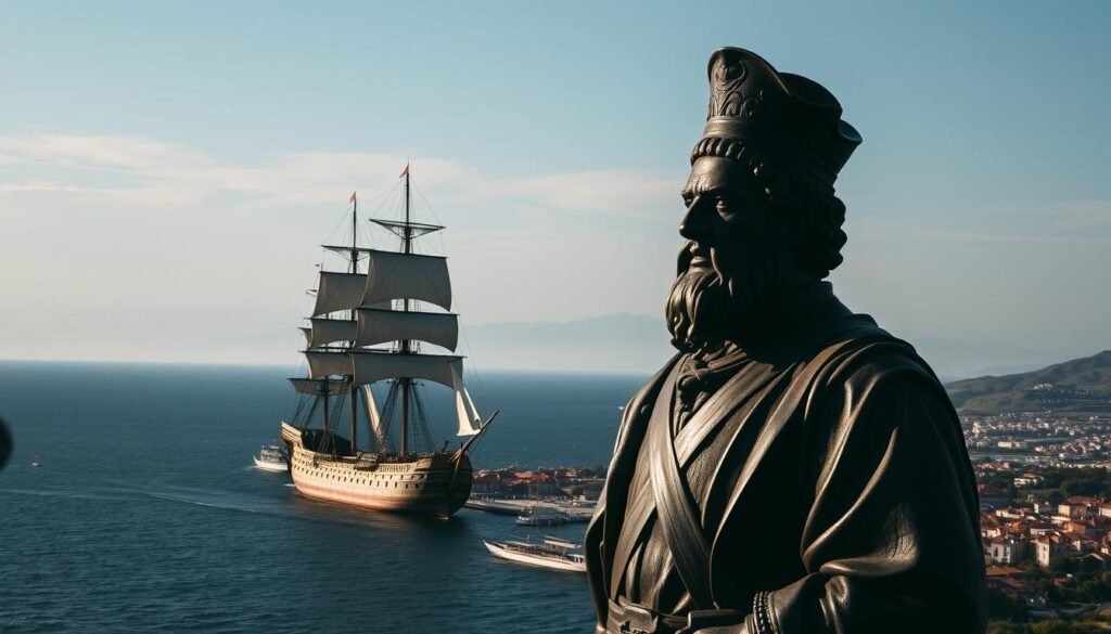 A majestic 16th-century Portuguese galleon sails across the open ocean, its sails billowing in the wind. In the foreground, a larger-than-life statue of Vasco da Gama stands tall, his gaze fixed upon the horizon. The lighting is dramatic, casting deep shadows and highlighting the explorer's determined expression. In the middle ground, a bustling port town comes into view, its buildings and people dwarfed by the towering presence of the ship and the statue. The background is a panoramic landscape of rolling hills and distant mountains, hinting at the vast new worlds Vasco da Gama's voyages would uncover. The scene conveys a sense of historical significance, the weight of Vasco da Gama's legacy etched into every detail.
