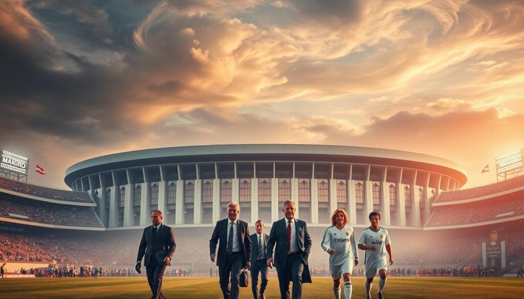 A majestic, grand stadium rising against a backdrop of vibrant cityscape, its iconic architecture a testament to the storied history of Real Madrid. In the foreground, a group of legendary managers stride purposefully, their expressions conveying the weight of their responsibilities and the legacy they aim to uphold. Soft, warm lighting casts an inspiring glow, evoking the triumphant spirit that has defined this revered institution. Swirling clouds above lend a sense of drama and destiny, as if the very heavens bear witness to the club's enduring greatness. Subtle details, such as trophies and pennants, subtly allude to the team's unparalleled achievements, creating a visually captivating representation of the Real Madrid legacy.