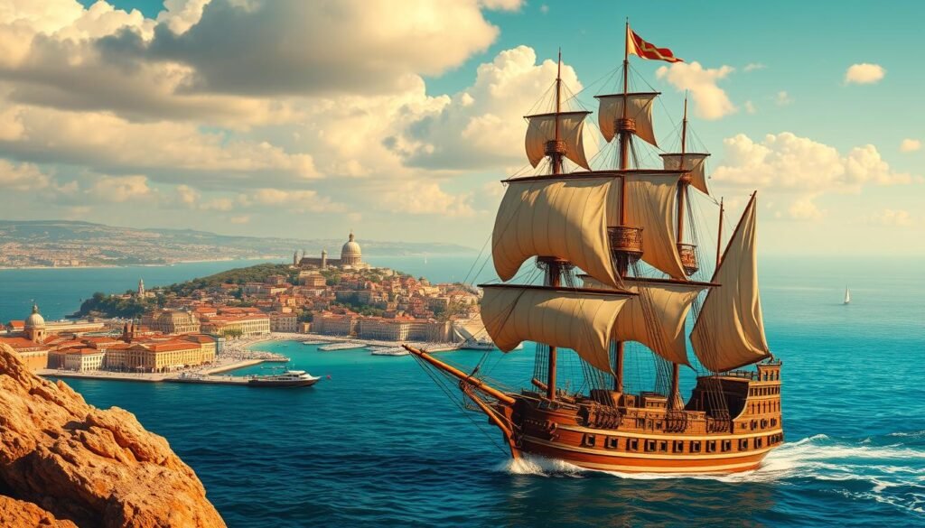 A majestic illustration depicting the cultural impact of Vasco da Gama, the legendary Portuguese explorer. In the foreground, a grand ship with billowing sails navigates azure waters, symbolizing his voyages of discovery. The middle ground features a bustling port town, its vibrant architecture and bustling activity reflecting the societal transformations sparked by his expeditions. In the background, a panoramic view of distant lands, hinting at the global reach and lasting influence of Vasco da Gama's legacy. The scene is illuminated by warm, golden lighting, conveying a sense of grandeur and historical significance. Captured through a wide-angle lens, the composition emphasizes the sweeping scale and far-reaching cultural impact of this renowned figure.