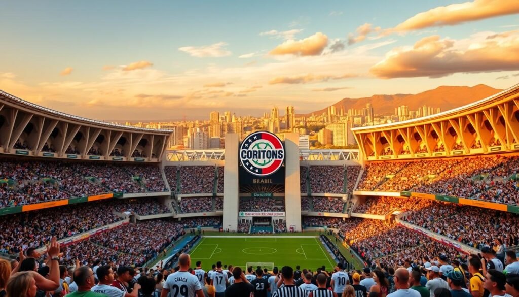 A majestic stadium with the iconic Corinthians logo proudly displayed on the facade, bathed in warm, golden light. In the foreground, a crowd of passionate fans clad in the team's signature colors of white and black, their excitement palpable. The midground features the stadium's grand architecture, with soaring arches and intricate detailing that evokes the rich history and tradition of the Corinthians club. In the background, a vibrant cityscape with skyscrapers and landmarks, symbolizing the club's deep roots within the community. The atmosphere is one of reverence, pride, and the timeless spirit of one of Brazil's most beloved football institutions.