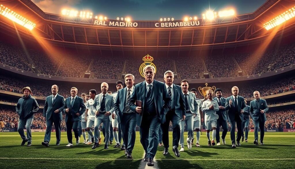 A meticulously detailed scene depicting the most successful Real Madrid managers, captured in a grand, cinematic style. In the foreground, the iconic Santiago Bernabéu stadium looms, its majestic architecture and pristine pitch setting the stage. Clustered in the middle ground, larger-than-life figures of legendary coaches stride purposefully, their faces etched with focus and determination. Floodlights cast a warm, golden glow, evoking the triumphant atmosphere of the team's greatest victories. In the background, trophies and awards glimmer, a testament to the sustained excellence these masterful tacticians have achieved. The overall composition conveys a sense of power, prestige, and the unwavering legacy of Real Madrid's most revered managerial icons.