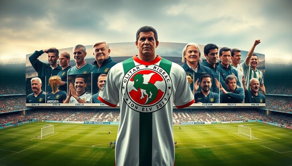 A panoramic view of Corinthians' illustrious history, with the team's iconic crest and jersey prominently displayed in the foreground. In the middle ground, portraits of the 10 most successful managers, each captured in action during a key match or celebration. The background features a montage of trophies, stadium scenes, and dedicated fans, all rendered in a realistic, cinematic style with warm lighting and a slightly muted color palette to convey a sense of tradition and legacy.