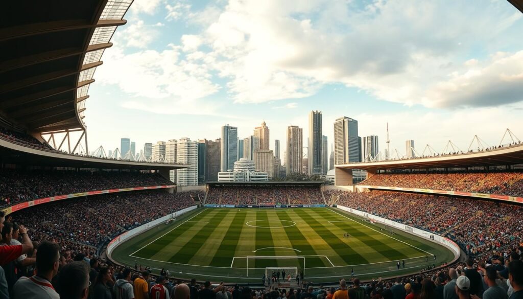A panoramic view of São Paulo's historic Pacaembu Stadium, with its iconic Art Deco architecture and arched grandstands. In the foreground, fans in vintage jerseys and scarves gather, their excitement palpable as they anticipate the match. The midground showcases the stadium's meticulously manicured pitch, ready to host the legendary São Paulo FC. In the background, the towering skyscrapers of the bustling city skyline provide a dynamic contrast, symbolizing the club's enduring place within the cultural fabric of São Paulo. Warm, golden lighting bathes the scene, evoking the nostalgic atmosphere of the club's storied history.