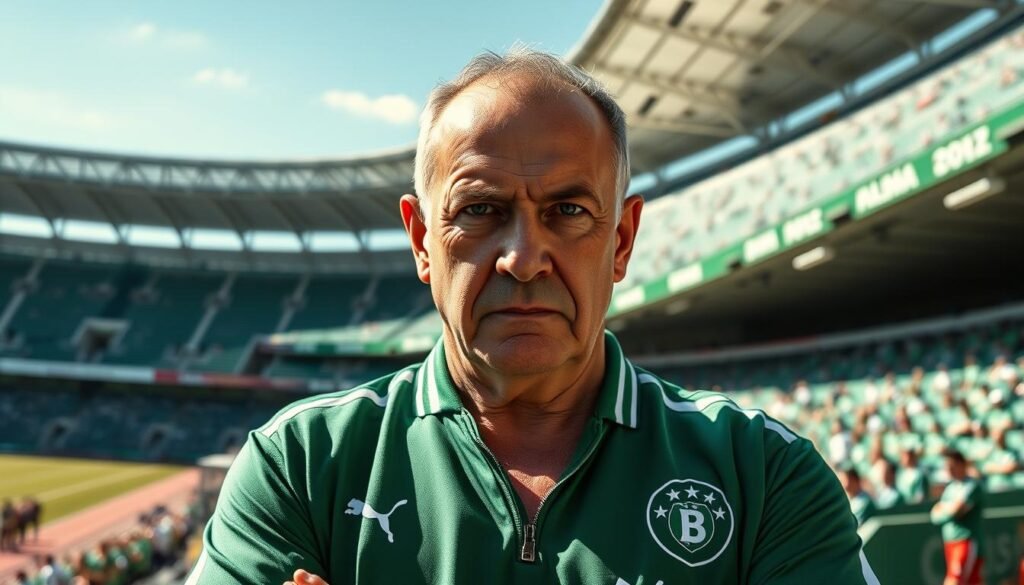 A portrait of Antônio Lopes, the legendary manager of Vasco da Gama, standing confidently on the sidelines of the club's iconic São Januário stadium. His piercing gaze and stern expression convey his unwavering determination to lead his team to victory. The vibrant green and white colors of Vasco's uniform and the stadium's architecture create a dynamic backdrop, highlighting Lopes' commanding presence. Sunlight casts dramatic shadows, emphasizing the coach's resolute features. The scene radiates an aura of success and triumph, capturing the essence of Vasco's most accomplished managers.