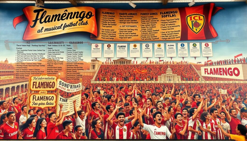 A richly detailed historical mural depicting the vibrant musical heritage of Flamengo football club. In the foreground, a grandiose, hand-painted banner showcases iconic Flamengo anthems and chants, their lyrics rendered in bold calligraphic script. The middle ground features a large-scale panoramic scene, capturing crowds of passionate fans singing in unison, their faces alight with joy and pride. In the background, a stylized timeline charts the evolution of Flamengo's songs, from vintage terraces to modern stadiums. The composition is infused with a warm, nostalgic color palette, evoking the timeless spirit of this storied club and its devoted supporters.