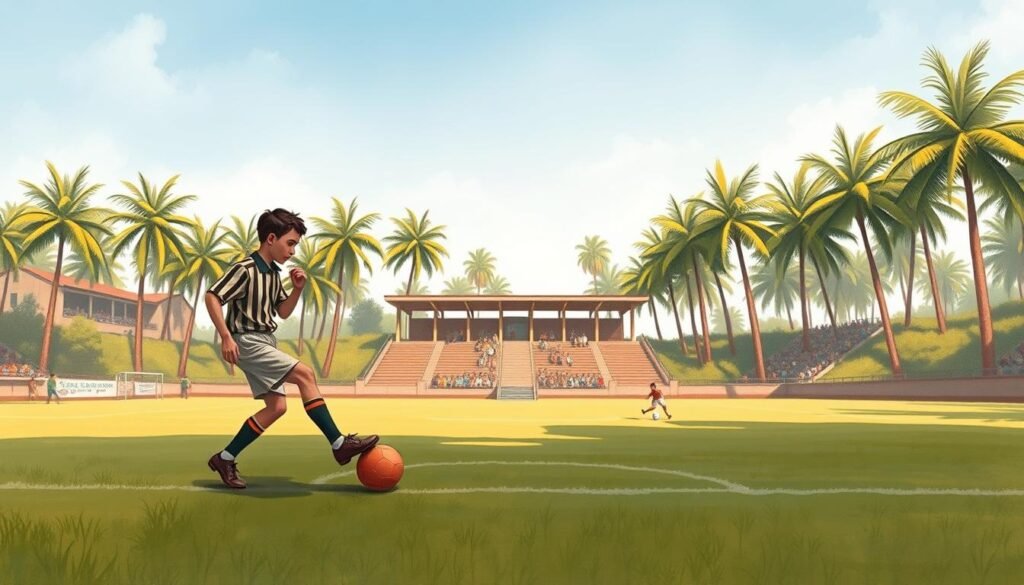 A serene, hand-drawn illustration depicting the early days of Corinthians football club, showcasing their primeiros campos (first fields) where the team first played. The foreground features two young men in vintage uniforms kicking a leather football on a lush, grassy pitch. The middle ground shows a simple, wooden grandstand with spectators watching the match. In the background, a row of towering palm trees sway gently, with a clear azure sky overhead. The scene is bathed in warm, golden sunlight, evoking a nostalgic, historic atmosphere. Rendered with a soft, painterly aesthetic that captures the timeless charm of the early days of Brazilian football.