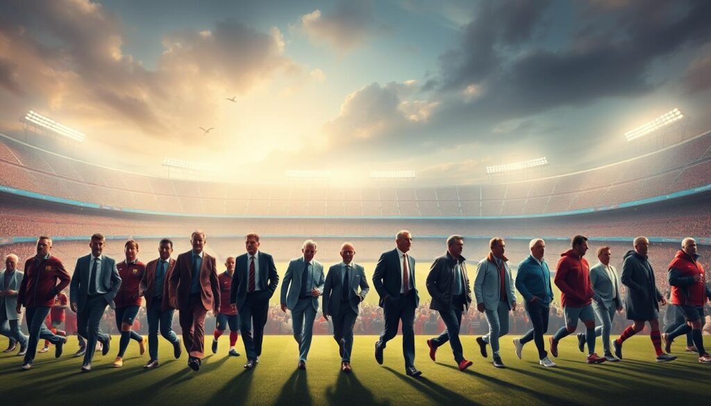 A sprawling, dynamic illustration showcasing the evolution of Barcelona's head coaches over the decades. In the foreground, a sequence of iconic figures stride purposefully, each representing a distinct era - from the pioneers of the club's early years to the celebrated modern day tacticians. The middle ground features a lush, painterly backdrop of the Camp Nou stadium, its grandeur and history providing a fitting setting. Soft, warm lighting casts an air of prestige and significance, while a cinematic, widescreen perspective emphasizes the grand scale of Barcelona's managerial lineage. An atmosphere of triumph, innovation and unwavering commitment permeates the scene, capturing the essence of the club's coaching legacy.