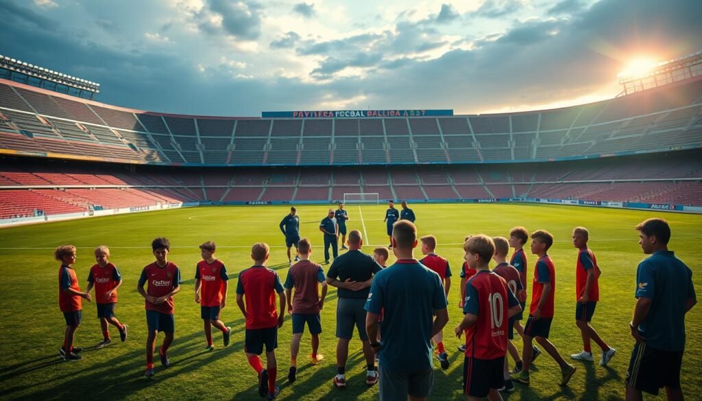 A sprawling football academy nestled within the verdant grounds of Camp Nou, Barcelona's iconic stadium. In the foreground, a group of young aspiring players, their faces alight with determination, engage in a lively training session. Midfield, a team of skilled coaches observes intently, guiding the next generation of talent. The background reveals the iconic silhouette of the stadium, bathed in the warm glow of the setting sun, symbolizing the club's rich heritage and the promise of a bright future. Dramatic lighting casts dramatic shadows, evoking a sense of intensity and ambition. The scene exudes a palpable energy, reflecting the vibrant culture of youth development that lies at the heart of Barcelona's legacy.