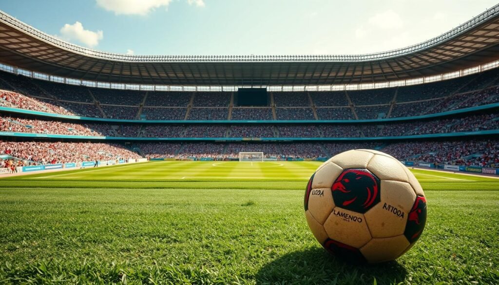 A sprawling football stadium, its grandstands bustling with energetic fans, the iconic Flamengo jersey emblazoned across the field. The pristine pitch, freshly mowed, glistens under the warm sun's rays, inviting the players to take the stage. In the foreground, a vintage ball from the past era sits, a testament to the rich history and legacy of this beloved club. The stadium's architecture, a harmonious blend of modern and classical elements, frames the scene, conveying a sense of timeless tradition. The atmosphere is electric, the anticipation palpable, as the players prepare to write another chapter in the storied history of Flamengo's iconic home grounds.