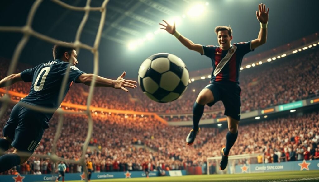 A stunning close-up of the most iconic and breathtaking goals in the history of São Paulo FC. Razor-sharp details capture the ball's trajectory, players' expressions, and the electric atmosphere of the stadium. Dramatic lighting and a cinematic camera angle emphasize the power and beauty of these legendary moments. The foreground features the ball curving gracefully into the net, framed by the outstretched arms of the goalkeeper and the leaping, triumphant striker. In the middle ground, fans erupt in celebration, their faces alight with joy. The background blurs into a sea of vibrant colors, the roar of the crowd palpable. This image perfectly encapsulates the passion, skill, and historic significance of São Paulo FC's most celebrated goals.
