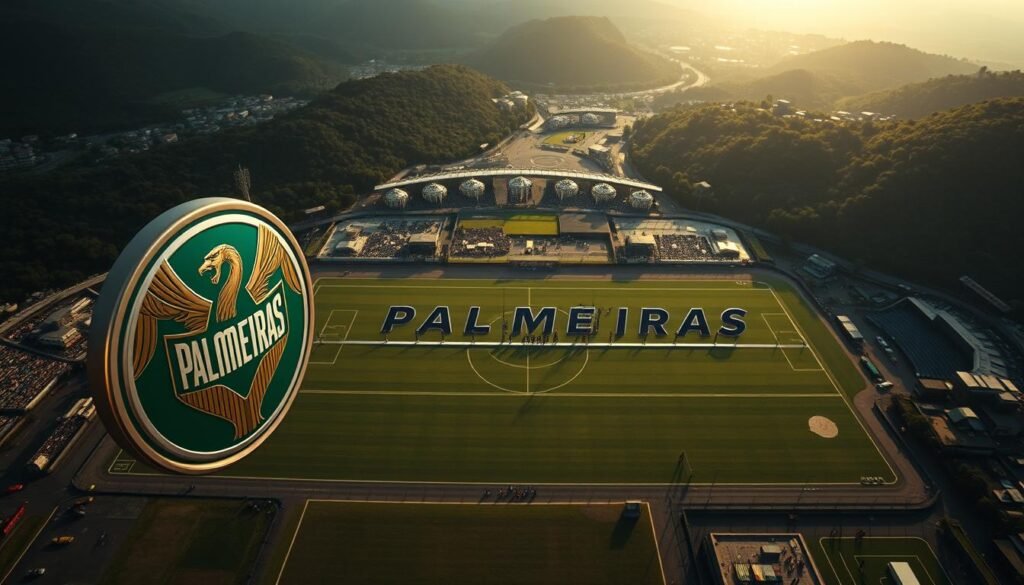 A sweeping aerial view of Palmeiras' historic evolution, captured with a cinematic wide-angle lens. The foreground features the club's iconic crest and colors, rendered in sleek, metallic textures that glint under dramatic lighting. In the middle ground, a panoramic timeline unfolds, showcasing key moments and milestones from the club's storied past - trophies, legendary players, and cherished memories. The background sets the scene, with a lush, verdant landscape serving as a timeless backdrop, evoking the enduring spirit of Palmeiras and its devoted fanbase. The overall composition conveys a sense of grandeur, legacy, and the indomitable pride that has defined the club's journey through the ages.