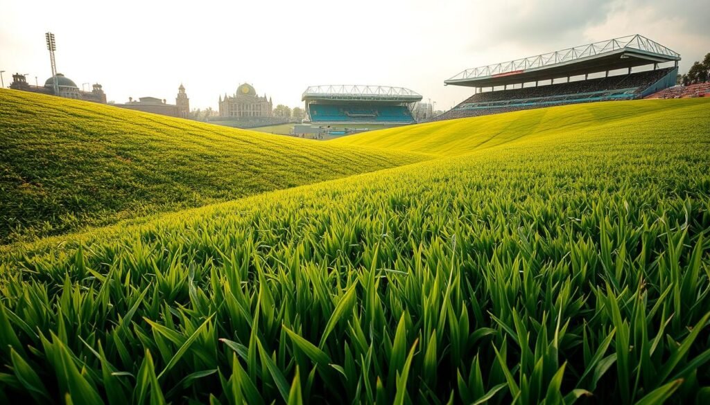 A sweeping landscape of lush, manicured grass fields, winding through the passage of time. In the foreground, a tapestry of verdant blades, each blade a testament to the history it has witnessed. The middle ground showcases the evolution of these historic fields, with subtle changes in texture and hue, reflecting the ebb and flow of generations. In the background, the iconic silhouettes of grand stadiums loom, their architectural grandeur a silent witness to the matches and moments that have unfolded upon these hallowed grounds. The scene is bathed in a warm, golden light, evoking a sense of reverence and nostalgia. Captured through the lens of a wide-angle camera, this image invites the viewer to explore the rich tapestry of the past, where the evolution of these historic fields mirrors the enduring spirit of the sport.