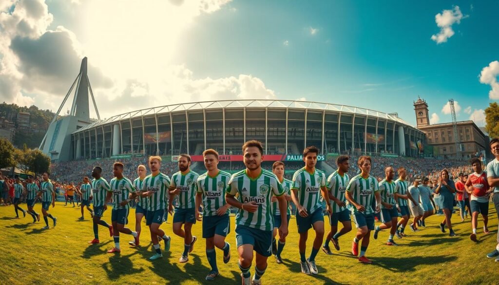 A sweeping panorama of Palmeiras' storied history, captured in a dramatic, cinematic composition. In the foreground, the iconic Allianz Parque stadium stands tall, its modern architectural lines contrasting with the lush greenery of the surrounding landscape. In the middle ground, iconic players from the club's past eras stride purposefully, their expressions etched with determination. The background is a tapestry of the team's legendary triumphs, from trophies and banners to scenes of jubilant fans celebrating historic victories. The lighting is warm and golden, evoking a sense of nostalgia and pride. Captured with a wide-angle lens, the image conveys the grand scale and significance of Palmeiras' rich heritage.
