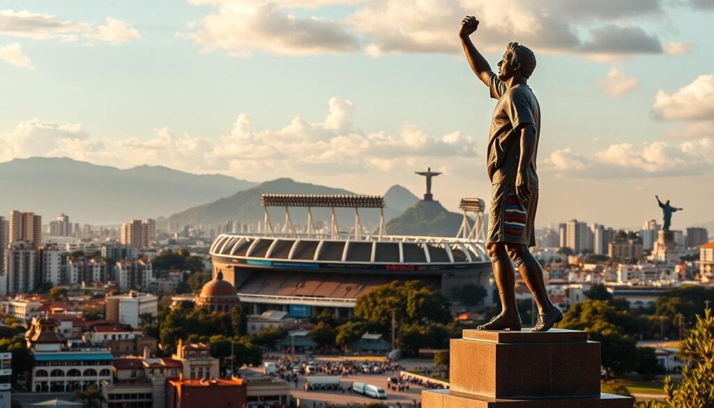 A sweeping panoramic view of the historic Vasco da Gama football club's legacy, set against the backdrop of a vibrant Brazilian cityscape. In the foreground, a bronze statue of legendary Vasco player Romário stands tall, his triumphant pose capturing the spirit of the club's storied past. The midground features the iconic São Januário Stadium, its towering floodlights and grandstands reflecting the passion and devotion of Vasco's dedicated fans. In the distant background, the iconic Christ the Redeemer statue overlooks the scene, a symbol of the club's deep-rooted connection to the nation's cultural heritage. The lighting is warm and golden, lending an air of reverence and nostalgia to the composition. This image evokes the rich historical context that has shaped Vasco da Gama's enduring legacy within Brazilian football.