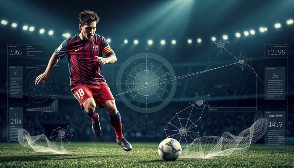 A technical analysis of Lionel Messi's signature dribbling skills, captured in a dynamic illustration. The foreground features Messi in full control of the ball, his agile movements frozen in time as he effortlessly weaves through a defensive line. The middle ground showcases intricate diagrams and analytics overlaying the action, highlighting the precision and mechanics of his dribbling techniques. The background is bathed in a moody, cinematic lighting, creating a sense of intensity and focus. The overall composition conveys the artistry and tactical mastery behind Messi's mesmerizing dribbles, elevating the viewer's understanding of his footballing genius.